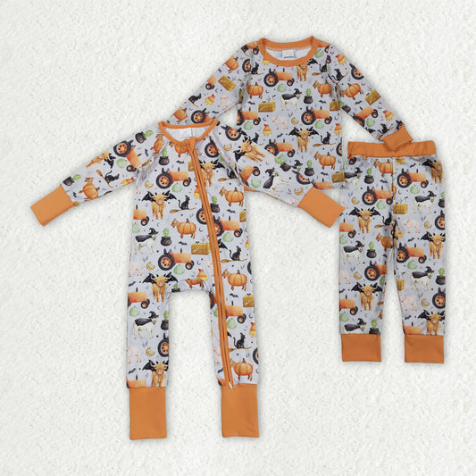 Sibling Baby Boys Pumpkins Bats Halloween Zipper Footie Rompers Pajamas Sets