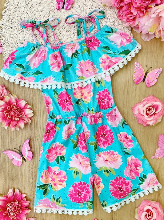 Baby Girls Blue Dots Flowers Straps Summer Shorts Jumpsuits preorder (moq 5)