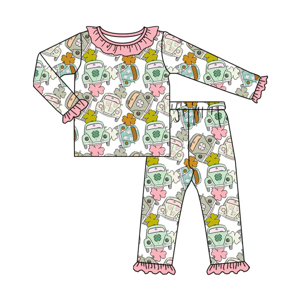 Preorder (moq 20)Baby Girls Bamboo St Patrick Clovers Bus Ruffle Pajamas Sets