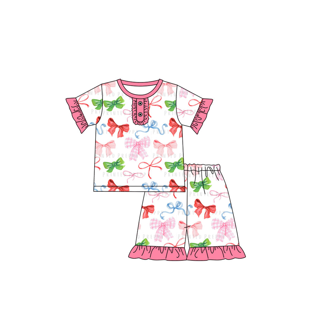 Preorder (moq 5)Baby Girls Colorful Bows Shirt Top Shorts Pajamas Clothes Sets