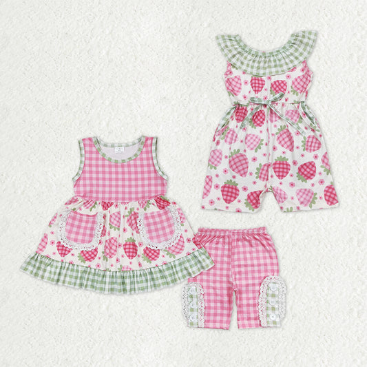 Sibling Baby Girls Pink Checked Strawberry Pockets Tunic Shorts Clothes Sets Collar Jumpsuits