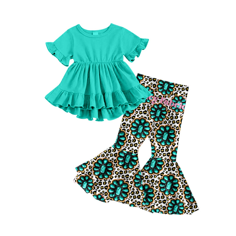 Baby Girls Turquoise Tunic Top Western Bell Pants Clothes Sets preorder(moq 5)