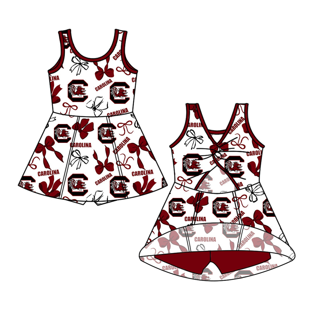 Preorder (moq 5)Baby Girls Sleeveless Carolina Bows Team Shorts Knee Length Dresses