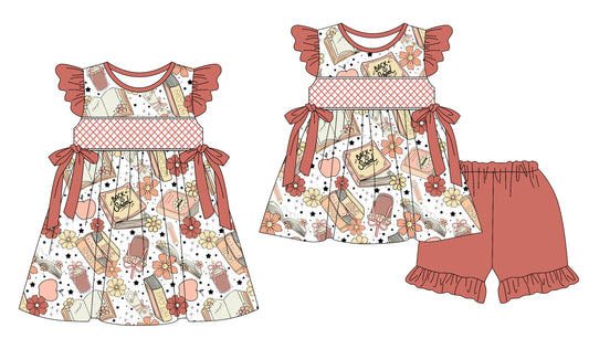 Preorder moq 5 Custom Baby Girls Brown Flowers Books Tunic Ruffle Short Set Knee Length Dresses
