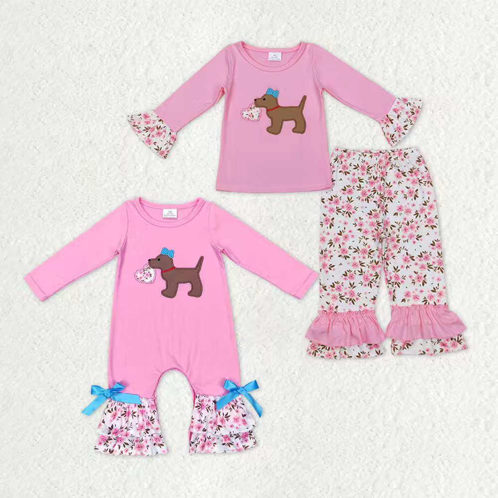 Sibling Baby Girls Embroidery Floral Heart Dogs Ruffle Pant Valentines Clothes Sets Footie Rompers