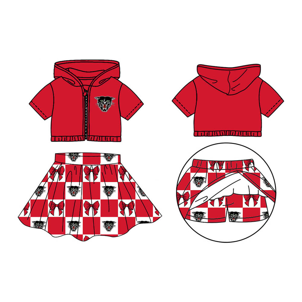 Preorder (moq 5)Baby Girls Red Bows Bearcat Zip Hoodie Jackets Skirt Short Team Clothes Sets