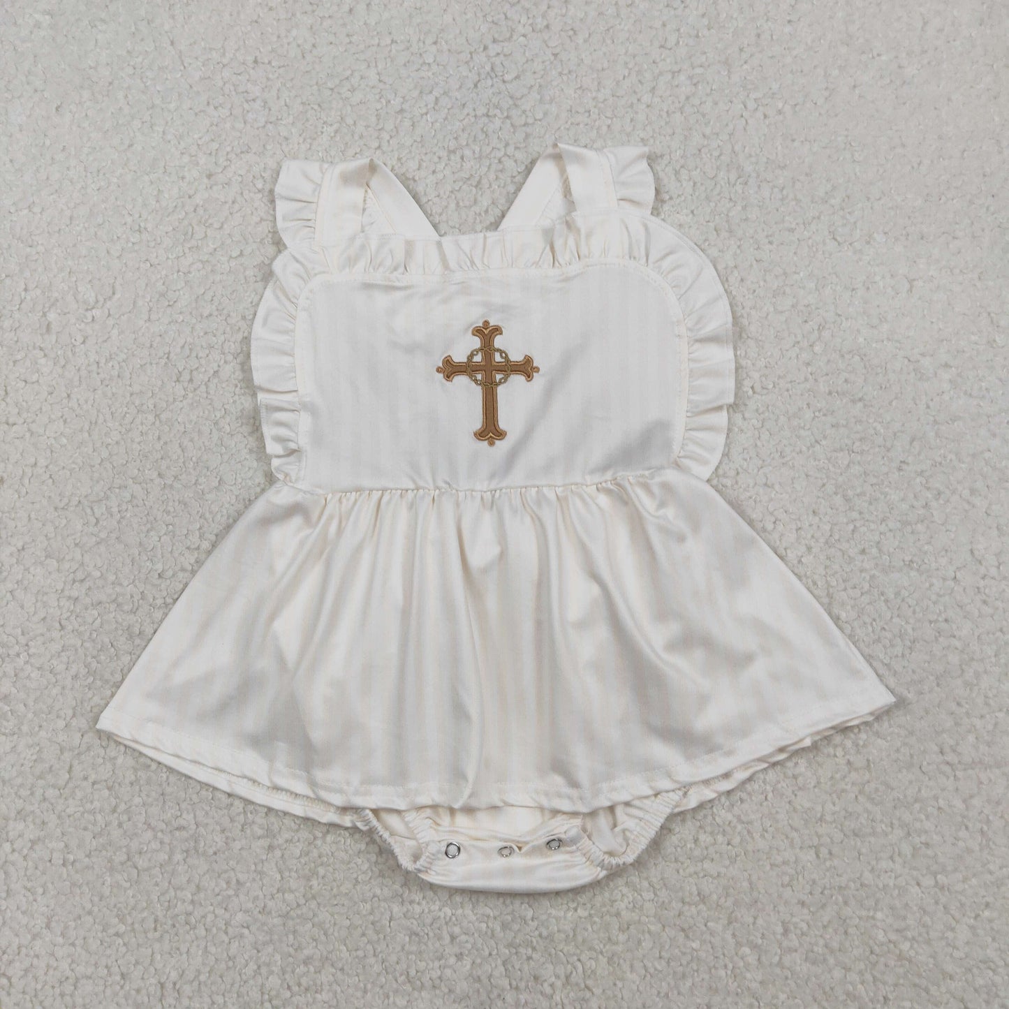 Embroidery Cross Baby Girls Strap Tunic Bummies Easter Ruffle Rompers