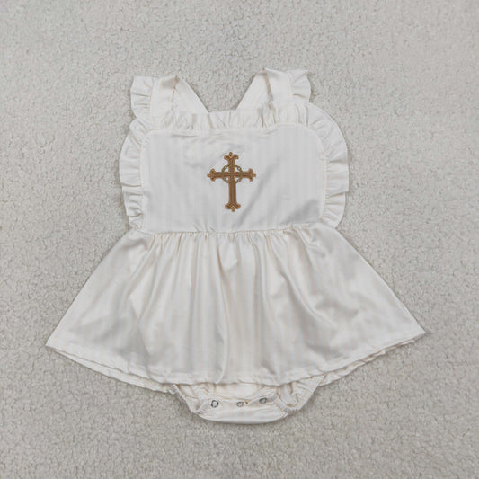 Embroidery Cross Baby Girls Strap Tunic Bummies Easter Ruffle Rompers