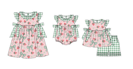 Preorder(moq 5 each)Sibling Baby Girls Strawberry Pink Bows Romper Dress Shorts Sets