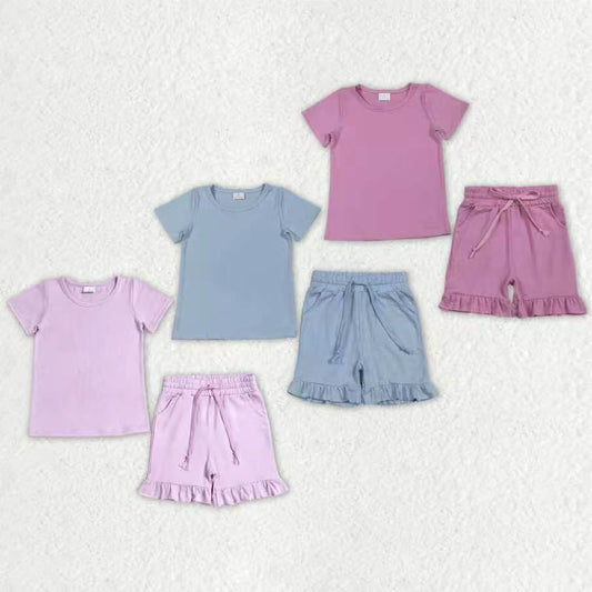 Sibling Baby Girls Short Sleeve Cotton Shirts Top Pockets Ruffle Short Clothes Sets