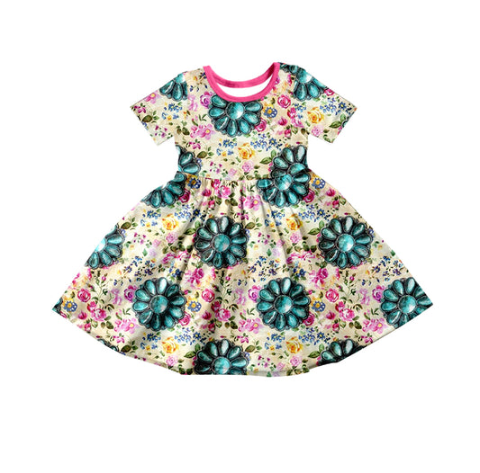 Baby Girls Summer Western Turquoise Floral Knee Length Dresses preorder(moq 5)