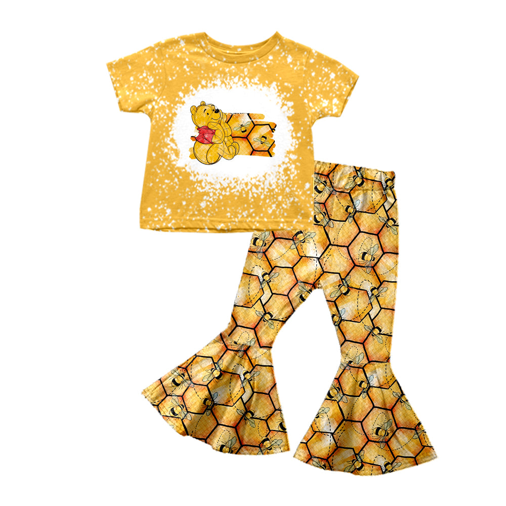 Baby Girls Cartoon Bears Short Sleeve Shirt Bell Pants Clothing Sets Preorder(moq 5)