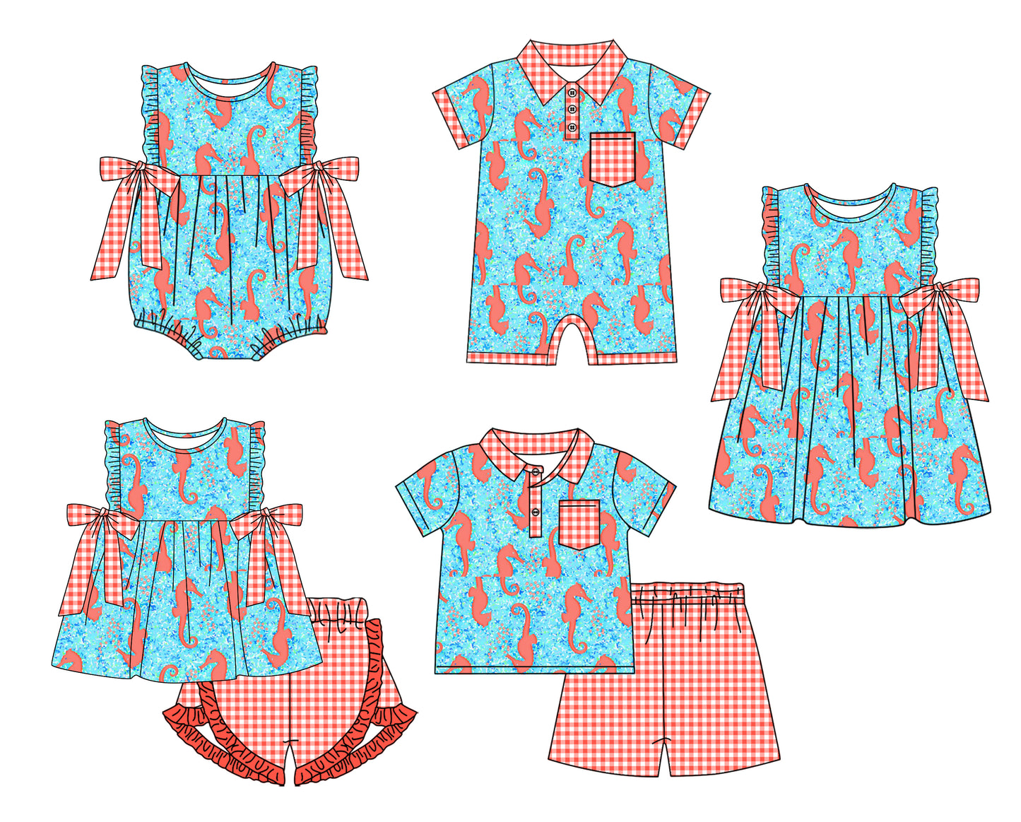 Preorder moq 5 Custom Baby Kids Blue Sea Horses Top Short Set Button Pocket Ruffle Rompers Knee Length Dress