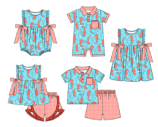 Preorder moq 5 Custom Baby Kids Blue Sea Horses Top Short Set Button Pocket Ruffle Rompers Knee Length Dress