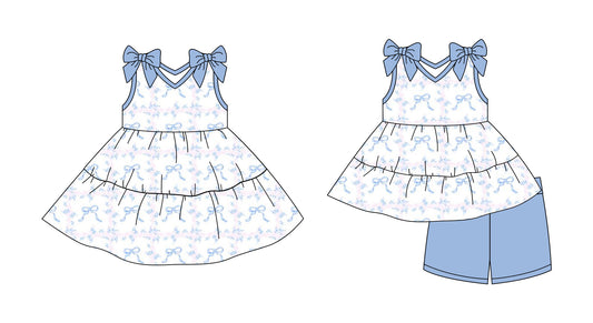 Preorder moq 5 Custom Baby Girls Blue Floral Bows Tunic Short Set Knee Length Dresses