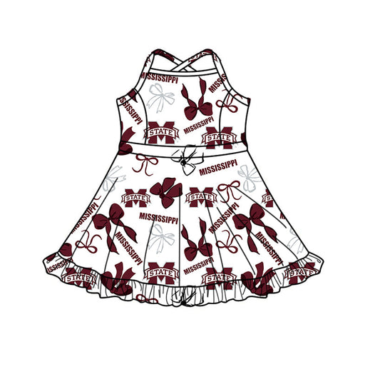 Preorder (moq 5)Baby Girls Strap M State Bows Team Shorts Ruffle Knee Length Dresses