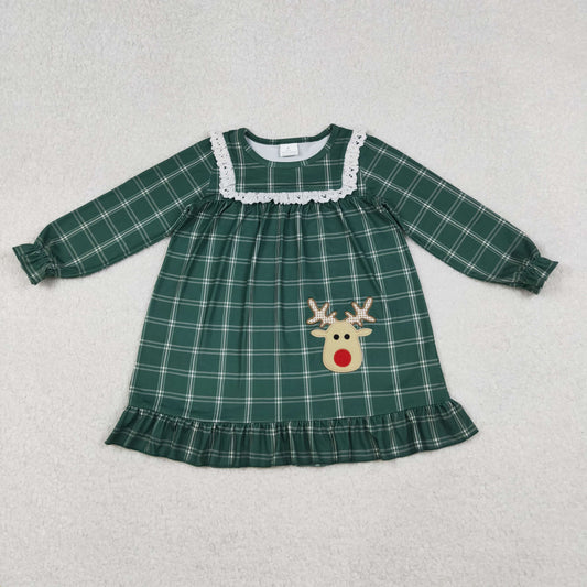 Embroidery Deer Baby Girls Green Checkered Christmas Knee Length Dresses