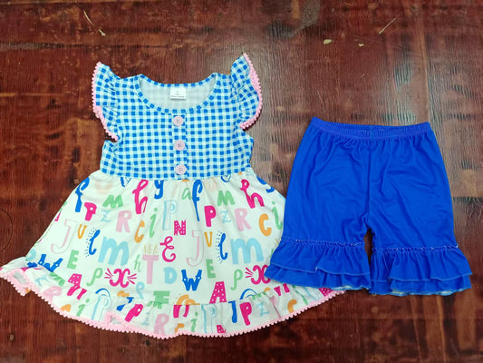 Preorder moq 5 Baby Girls Blue Plaid Flutter Sleeves Button ABC Tunic Ruffle Short Back School Set