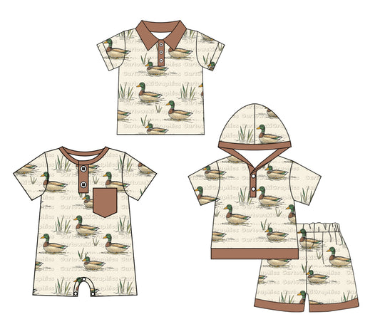 Preorder moq 5 Custom Baby Boys Brown Short Sleeves Button Ducks Hoodie Short Set Polo Shirt And Rompers