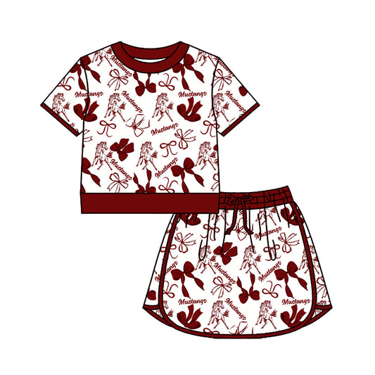 Preorder (moq 5)Baby Girls Bows Mustangs Top Skirt Short Team Clothes Set