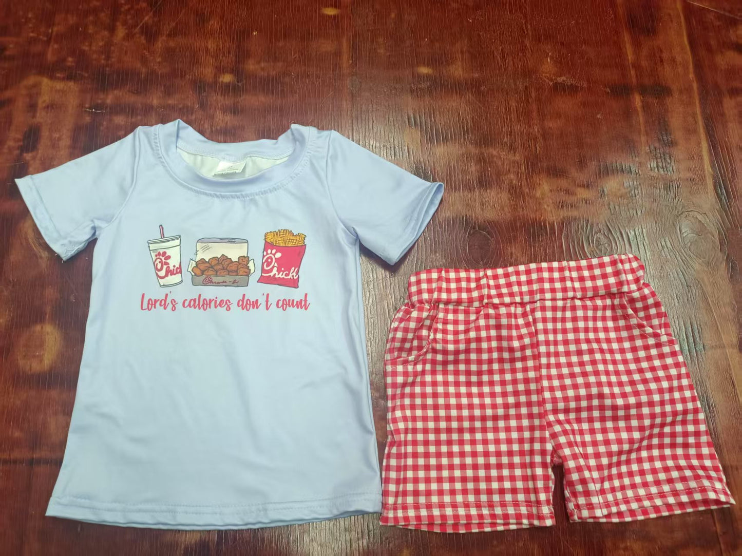 Preorder moq 5 Baby Boys Blue Short Sleeves Chicken Chip Top Red Plaid Short Set