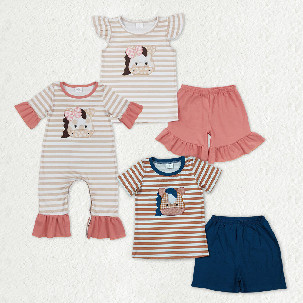 Sibling Baby Boys Girls Embroidery Horses Stripe Top Shorts Farm Clothes Set Rompers