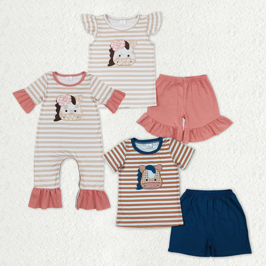 Sibling Baby Boys Girls Embroidery Horses Stripe Top Shorts Farm Clothes Set Rompers
