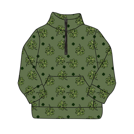 Baby Kids St Patrick Day Quatrefoil Camo Zip Long Sleeve Pullovers Tops preorder(moq 5)