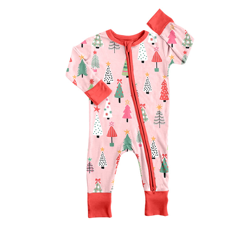 Baby Infant Girls Christmas Tree Pink Long Sleeve Zip Rompers preorder(moq 5)