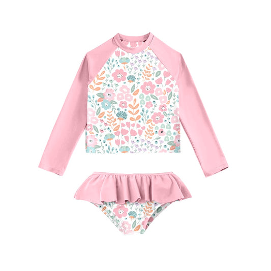 Baby Girls Pink Flowers Long Sleeve Top 2pcs Swimsuits preorder(moq 5)