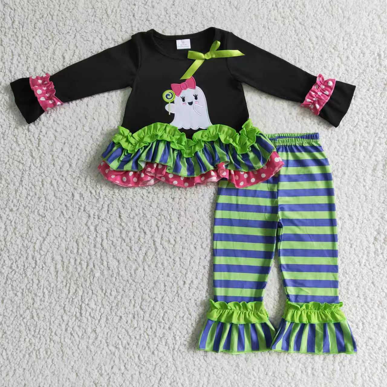 Sibling Baby Girls Green Stripe Embroidery Ghost Tunic Ruffle Pants Halloween Clothes Sets Rompers
