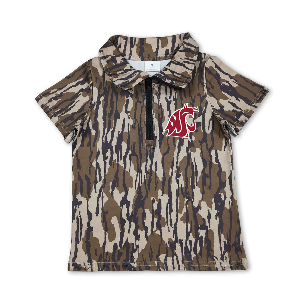 Preorder (moq 5)Baby Boys Short Sleeve Olive Wood Camo WSU Cougar Team Zip Pullovers Top