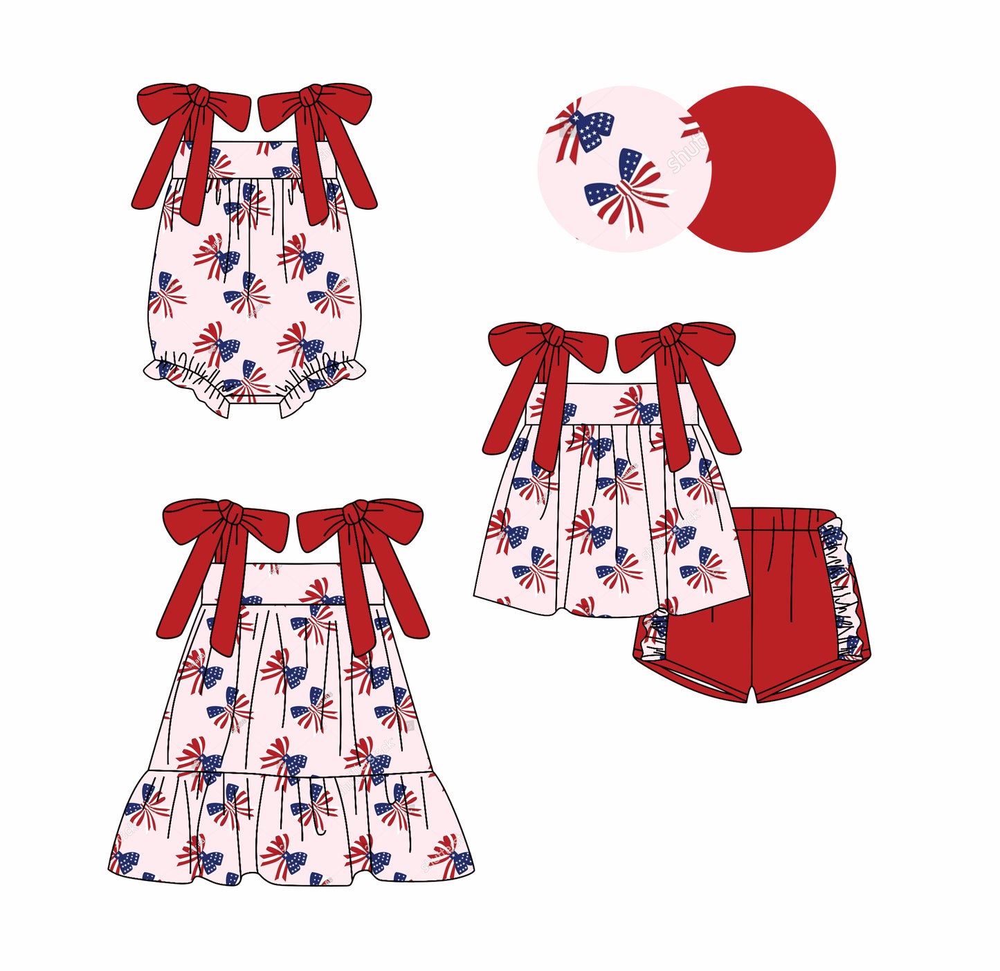 Preorder moq 5 Custom Baby Girls Red Strap Blue Bows Tunic Ruffle Short 4th Of July Set Knee Length Dress And Rompers