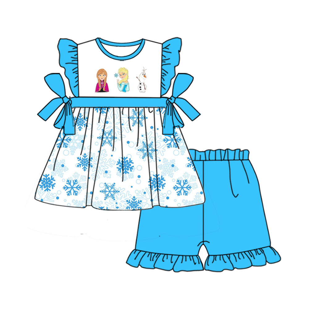 Preorder (moq 5)Baby Girls Princess Sister Print Summer Tunic Ruffle Shorts Clothes Sets