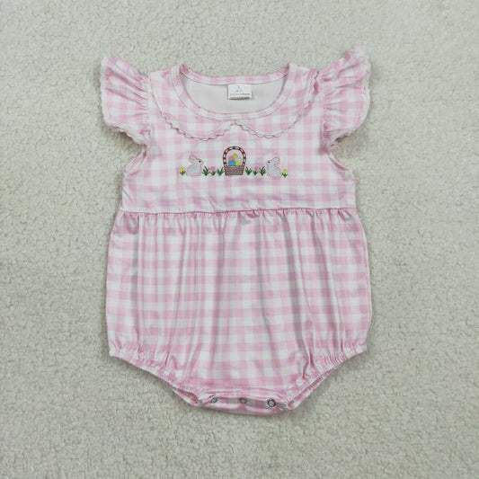 Embroidery Rabbits Eggs Baby Girls Pink Checked Easter Ruffle Rompers