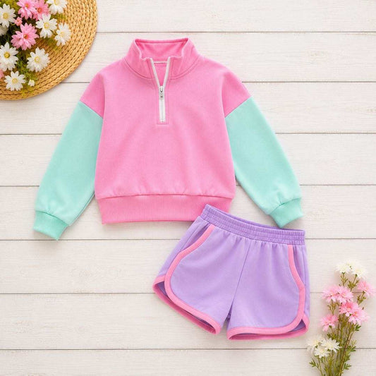Preorder (moq 5)Baby Girls Aqua Pink Zip Pullovers Lavender Pockets Shorts Clothes Sets