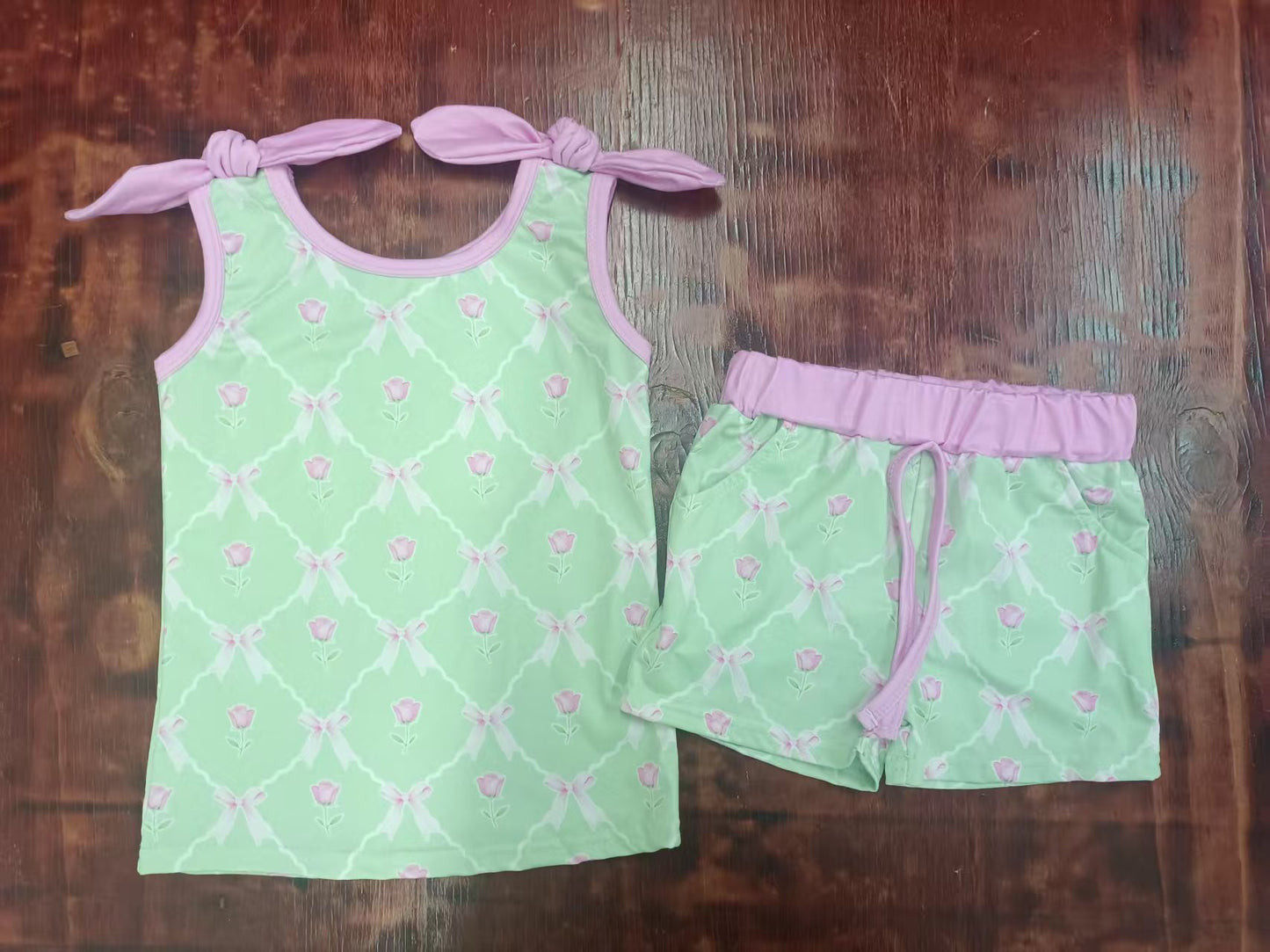 Preorder moq 5 Baby Girls Lavender Bows Sleeveless Flowers Plaid Top Pockets Short Set