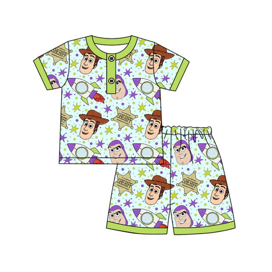 Preorder moq 5 Baby Boys Green Cartoon Toys Shirt Tops Shorts Pajamas Clothes Sets