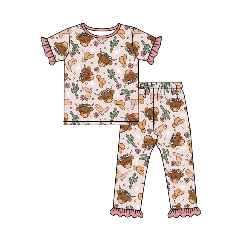 Baby Girls Highland Cows Western Top Flowers Pants Pajamas Clothes Sets Preorder(moq 5)