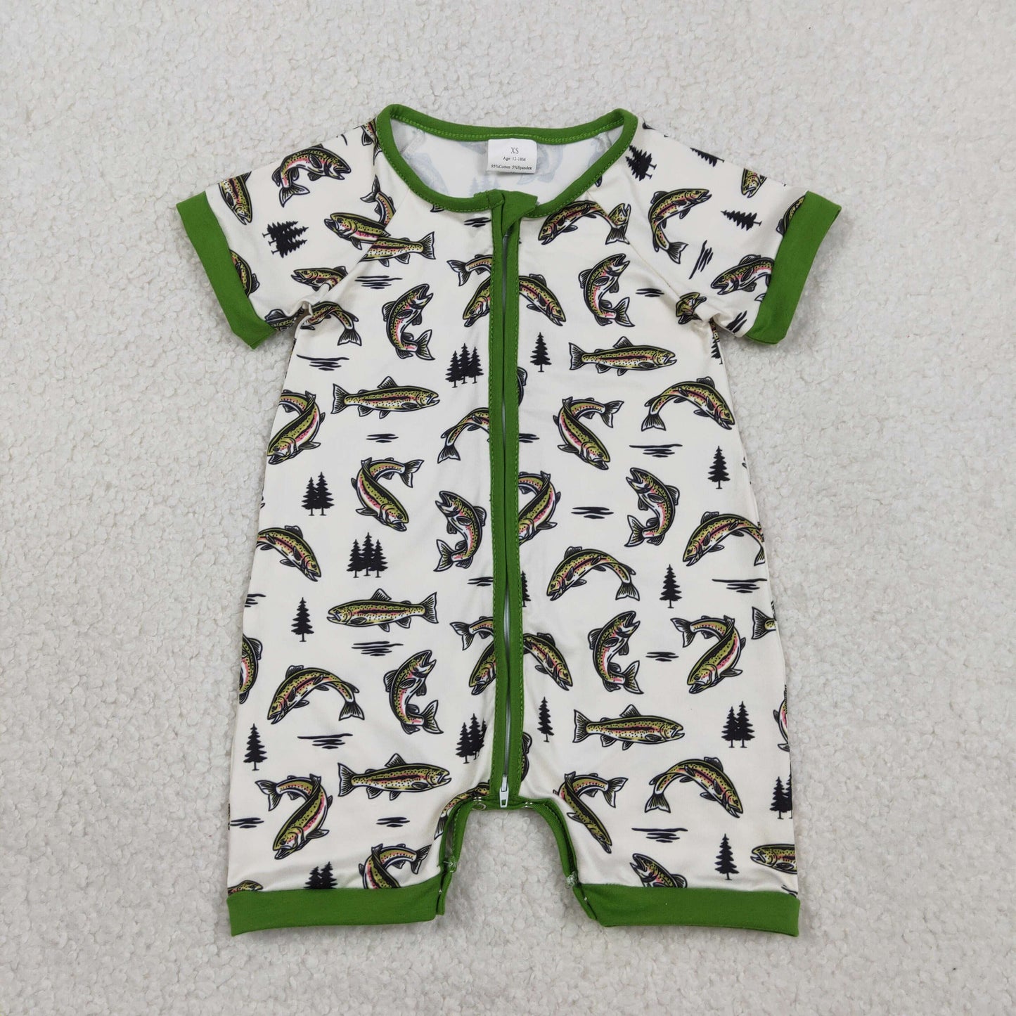 Baby Boys Green Short Sleeves Fishes Hunting Zipper Rompers