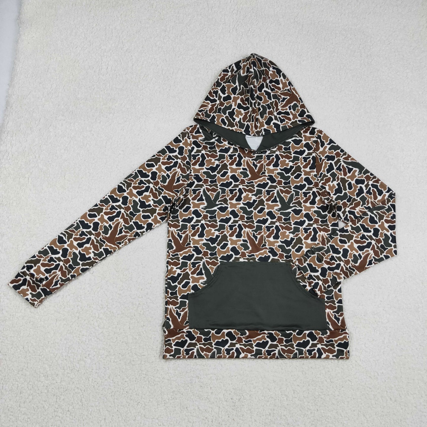 Adult Men Dark Brown Ducks Camo Pocket Southern Hunting Hoodies Top