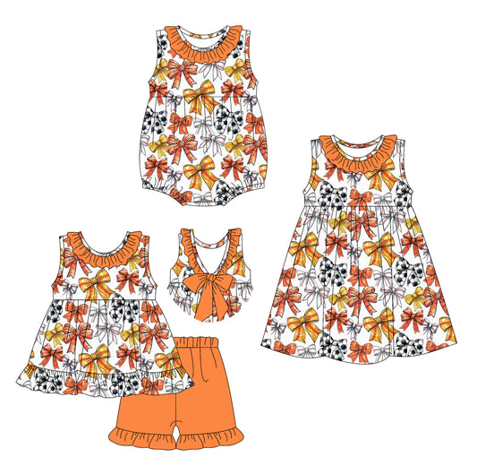 Preorder moq 5 Custom Baby Girls Orange Sleeveless Football Bows Tunic Ruffle Short Set Knee Length Dress And Rompers