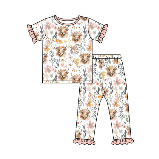 Baby Girls Pink Highland Cow Short Sleeve Top Pants Pajamas Clothes Sets preorder(moq 5)