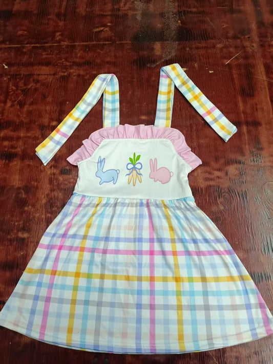 Preorder moq 5 Baby Girls Strap Bunny Carrots Colorful Plaid Easter Knee Length Dress