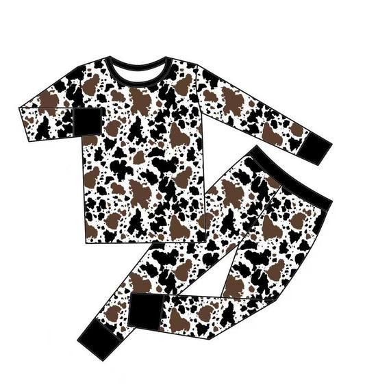 Preorder (moq 5)Baby Girls Western Brown Cow Print Top Pants Pajamas Sets