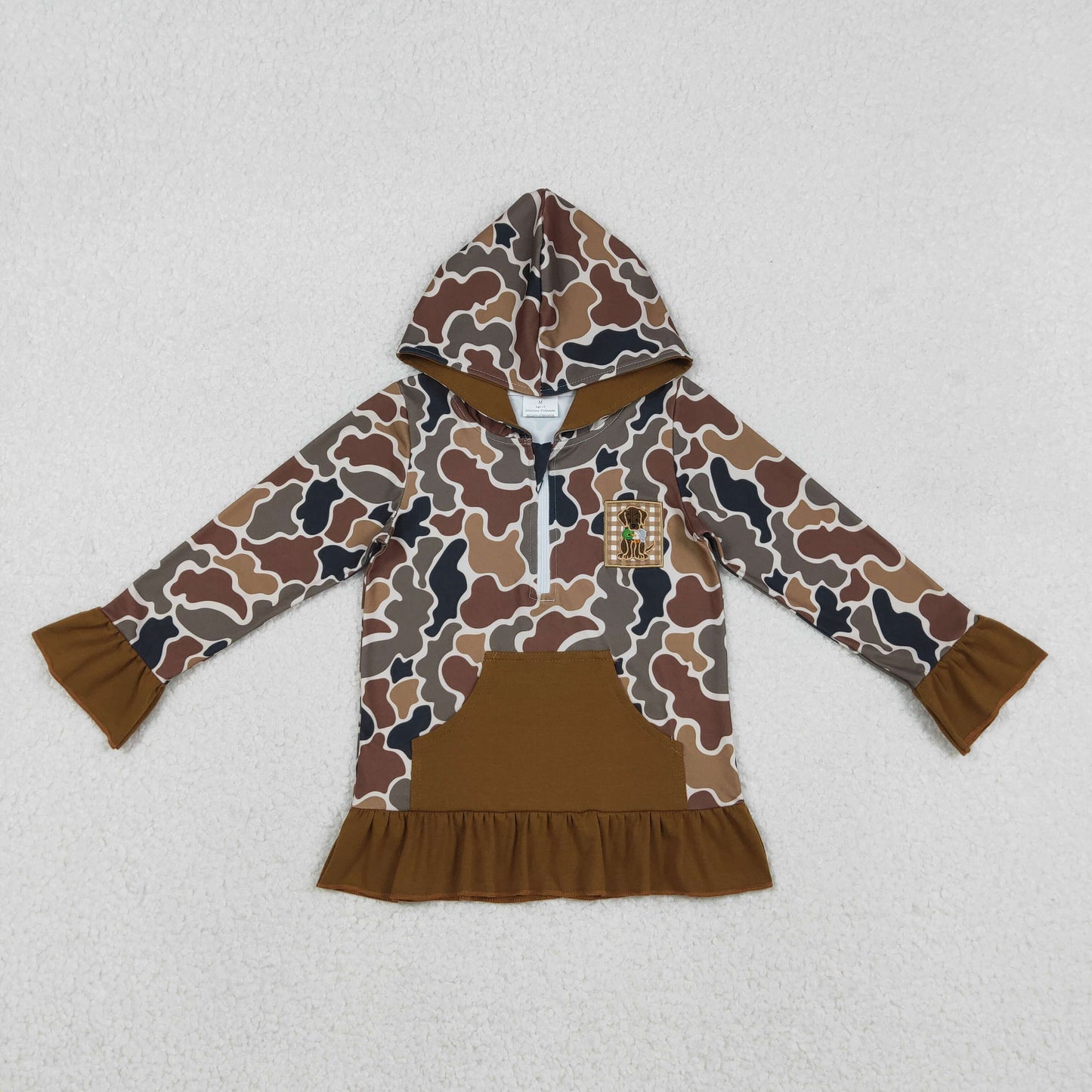 Embroidery Dog Ducks Baby Girls Brown Camo Pocket Zip Hunting Hoodies Top