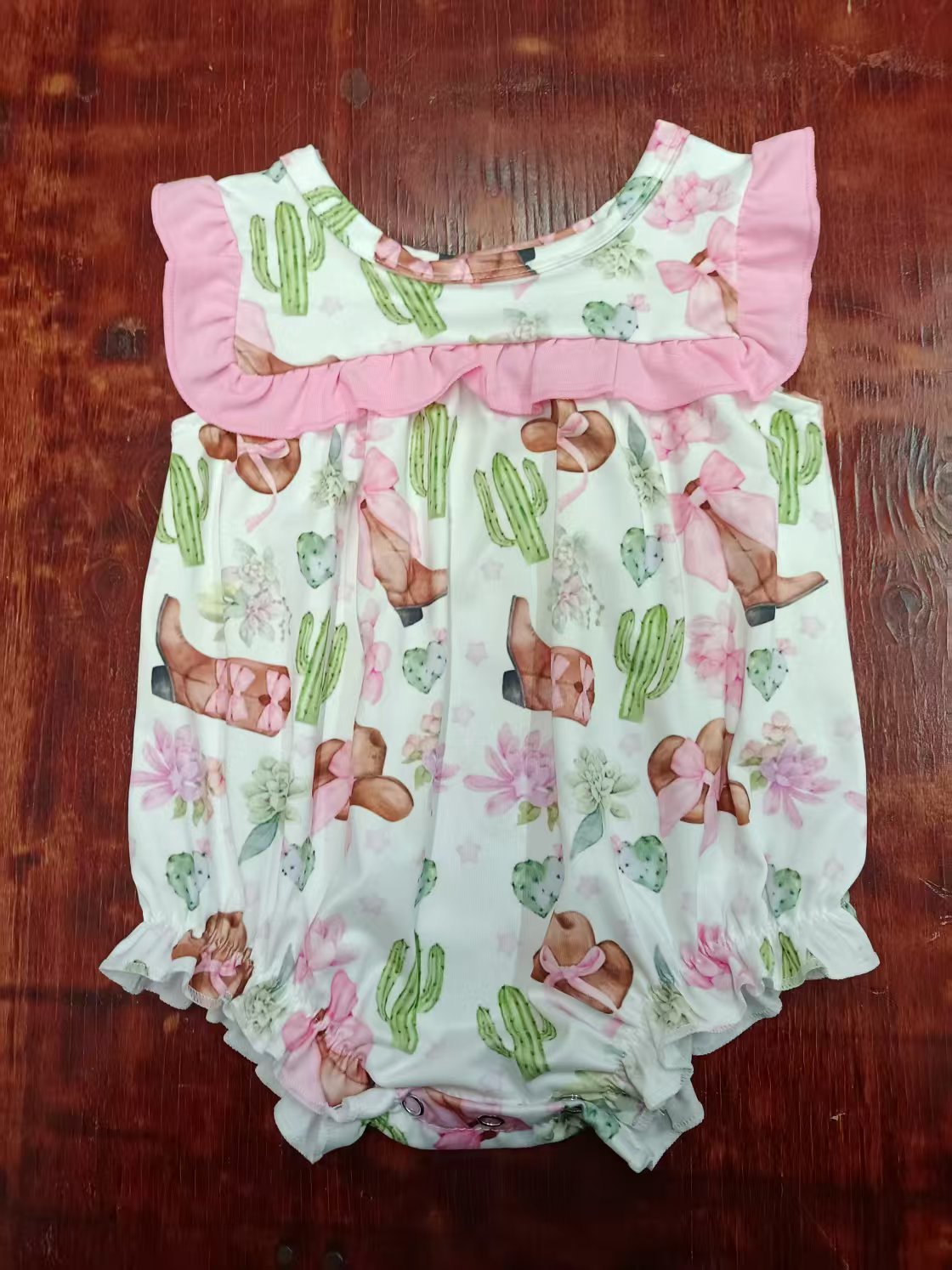 Preorder moq 5 Baby Girls Pink Sleeveless Boots Cactus Ruffle Rompers