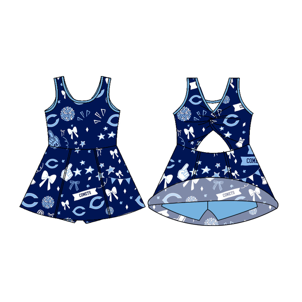 Preorder (moq 5)Baby Girls Sleeveless Comets Navy Bows Football Team Shorts Dresses