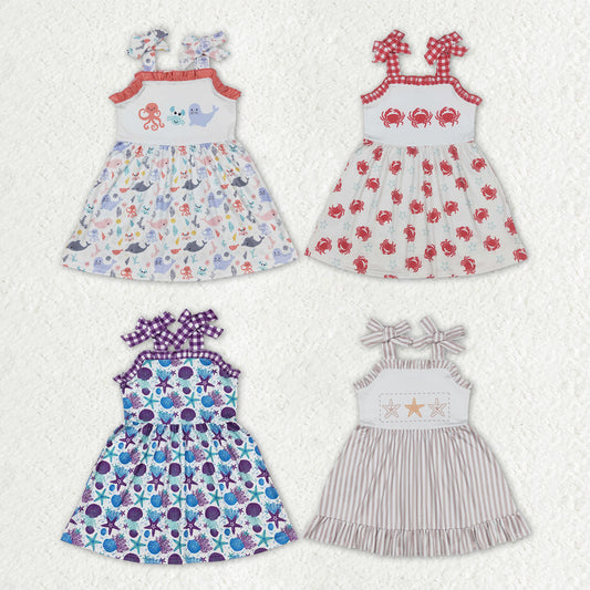 Sibling Baby Girls Strap Sea World Starfishes Crabs Knee Length Dresses