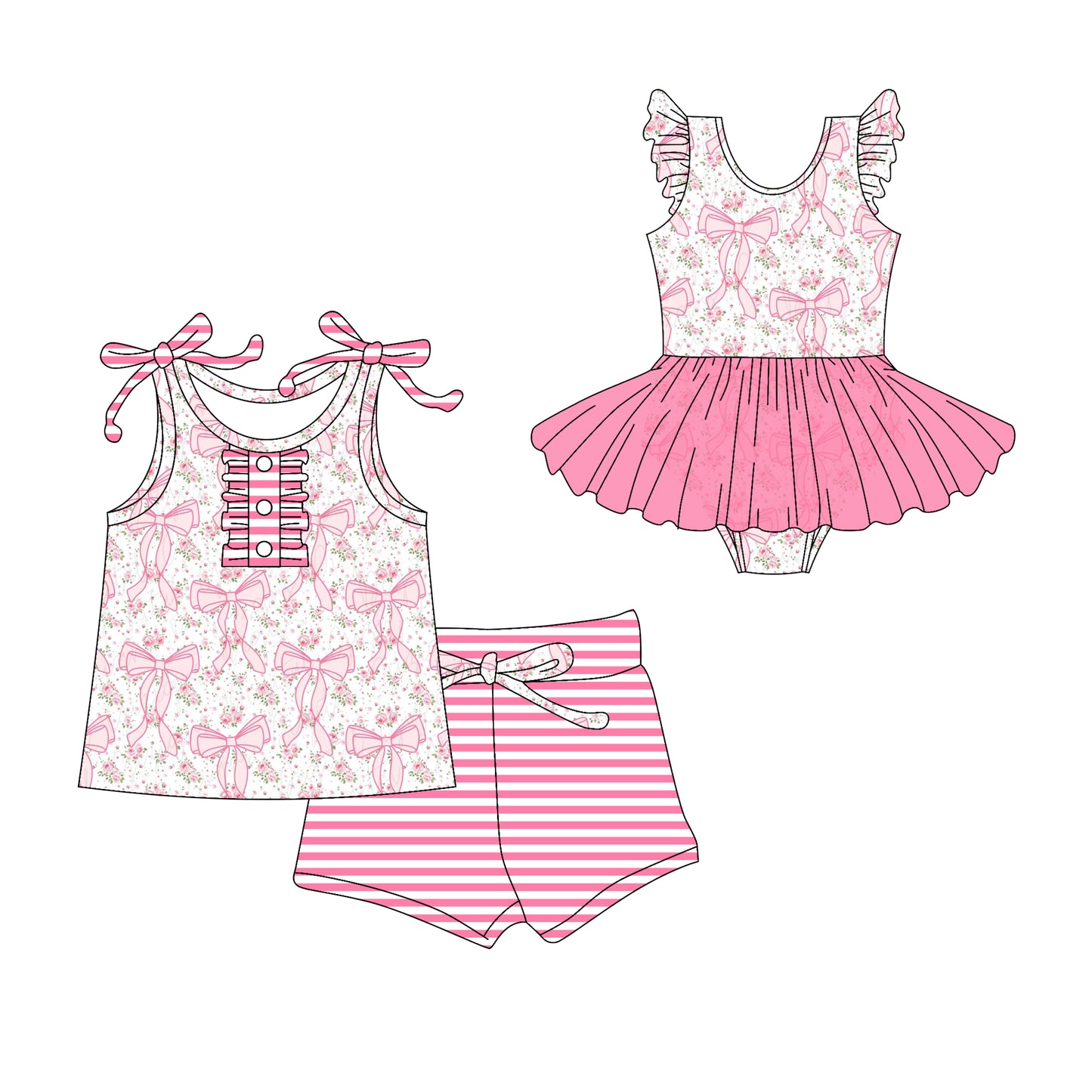 Preorder moq 5 Custom Baby Girls Pink Strap Floral Bows Button Top Stripe Short Set Skort Bummise Romper